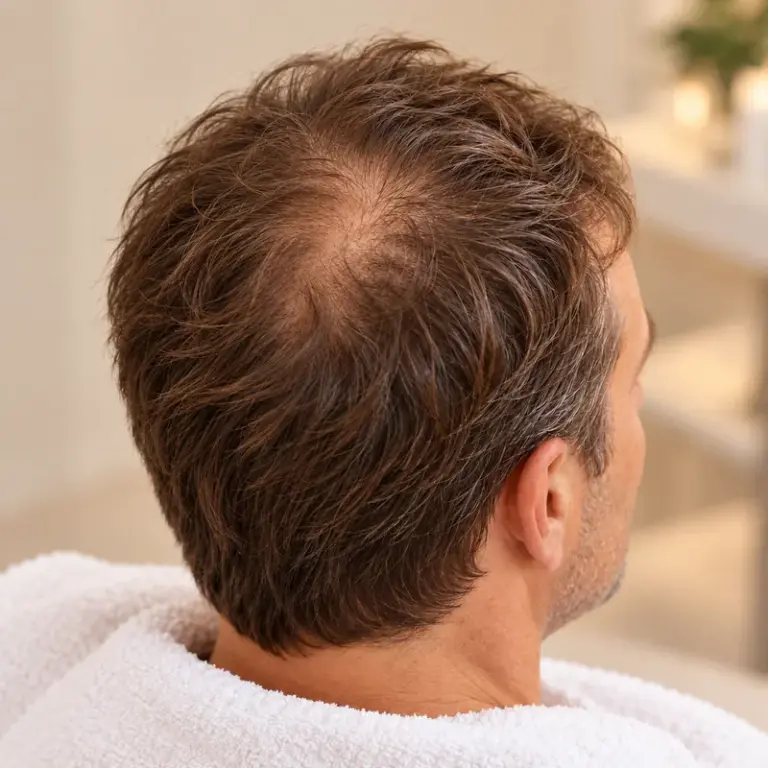 KI-Illustration eines Männerkopfs mit lichtem Haar am Wirbel