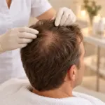 Symbolbild einer Kopfhautbeurteilung bei einem Mann mit lichtem Haar